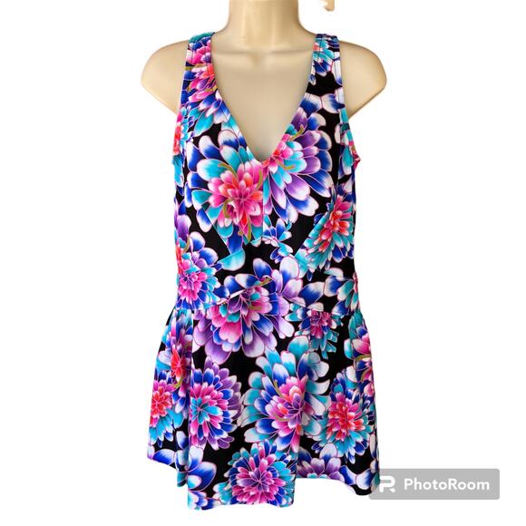 Maxine of Hollywood One Piece Swimsuit Swim Dress Bra Floral Tropical Plus 16 - Picture 1 of 12